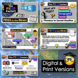 Educational materials on PEGS factors with news and social studies themes.
