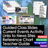 Educational materials with slides, activity sheets, and links on a world map background.