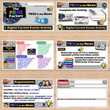 Educational materials on a wooden surface with digital current events activity and PEGS factors.