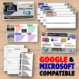 Educational materials with digital current events activity on a wooden surface, featuring Google and Microsoft compatibility text.