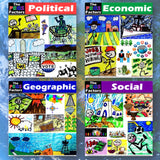 Educational posters on political, economic, geographic, and social factors with colorful illustrations.