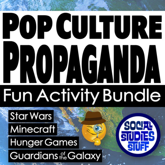 Promotional graphic for 'Pop Culture Propaganda Fun Activity Bundle' with text and logos.