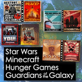 Collage of themed posters with text and graphics, including Star Wars, Minecraft, Hunger Games, and Guardians of the Galaxy.