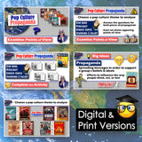 Educational materials on pop culture propaganda with various posters and activities.