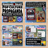 Collection of educational materials on pop culture propaganda with promotional text and images.