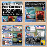 Promotional materials for 'The Hunger Games Pop Culture Propaganda Analysis Activity' on a wooden surface.
