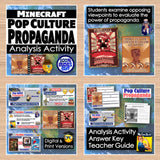 Educational materials on pop culture propaganda with images and text on a wooden surface.