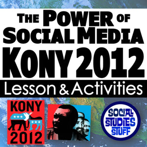 Promotional graphic for KONY 2012 with text and logos on a blue and white background.