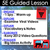 5E Guided Lesson structure with Kony 2012 logo on a blue background