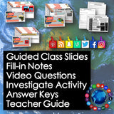 Educational resources including slides, notes, and activities with social media icons on a world map background.