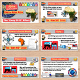 Educational materials on social media impact with graphics and text on a wooden surface.