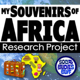 Title card for 'My Souvenirs of Africa Research Project' with a map, suitcase, and hat illustration on a world map background.