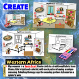 Educational material about African souvenirs, including a bedroom scene and Kente cloth information.