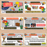 Educational materials about African souvenirs and regions on a wooden surface