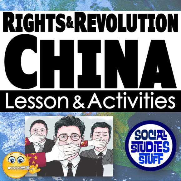 Cover of a book or resource titled 'Rights & Revolution China Lesson & Activities' with illustrations and text.