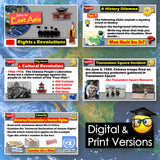 Educational materials on East Asia with various slides and text on a world map background.