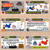 Educational posters on a wooden surface with various graphics and text related to East Asia, rights, and revolutions.