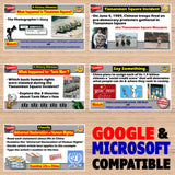 Collection of educational materials on Tiananmen Square Incident with Google and Microsoft compatibility text.