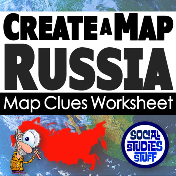 Worksheet titled 'Create a Map Russia' with a cartoon character and map of Russia on a blue background.
