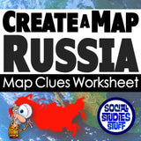 Worksheet titled 'Create a Map Russia' with a cartoon character and map of Russia on a blue background.