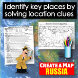 Map challenge activity for Russia with a cartoon detective, map, and pencils on a world map background.