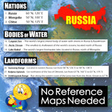 Educational map of Russia with coordinates, bodies of water, and landforms labeled.