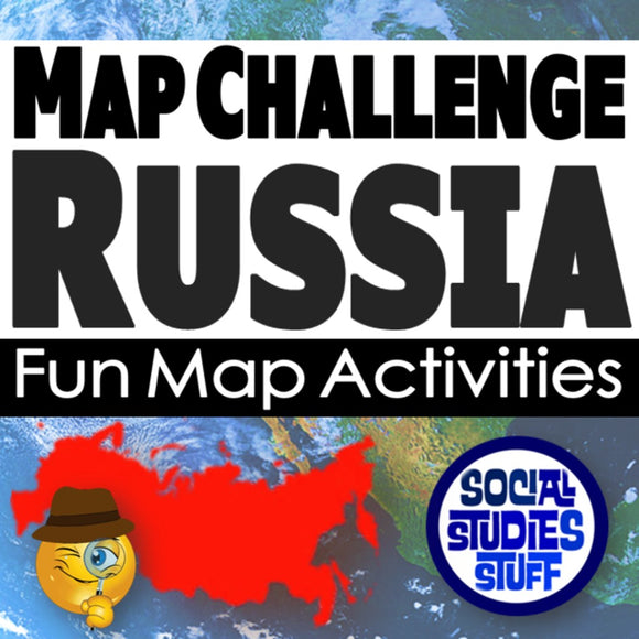 Promotional graphic for a map challenge on Russia with a cartoon character and 'Social Studies Stuff' logo.
