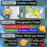 Educational graphic with map challenges and related elements on a world map background.