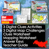 Educational materials for a map challenge on Russia with maps and text on a world map background.