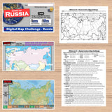 Educational materials on Russia including maps and text on a wooden surface