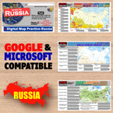 Educational materials about Russia including maps and text on a wooden surface.