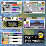 Educational materials on social studies themes with digital and print versions displayed.