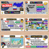 Educational materials on a wooden surface with various graphics and text about Russia and the PEGS Factors.