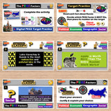 Educational software interface with various educational activities on a wooden surface
