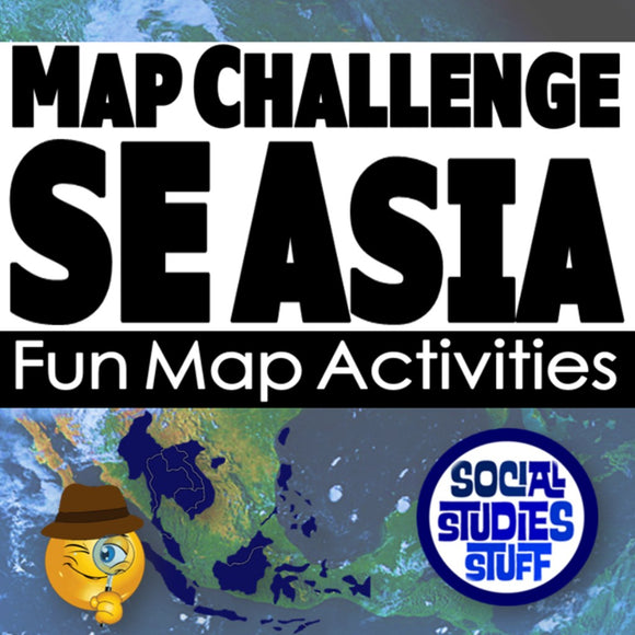 Promotional graphic for a map challenge focusing on Southeast Asia with a map background and 'Social Studies Stuff' logo.