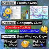 Educational graphic with map-related challenges and visual aids on a world map background.