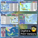 Collection of maps and educational materials on a world map background with 'Digital & Print Versions' text.