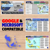 Educational materials on a wooden surface with maps and text about Southeast Asia.