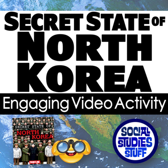Promotional graphic for 'Secret State of North Korea' video activity with text and icons.