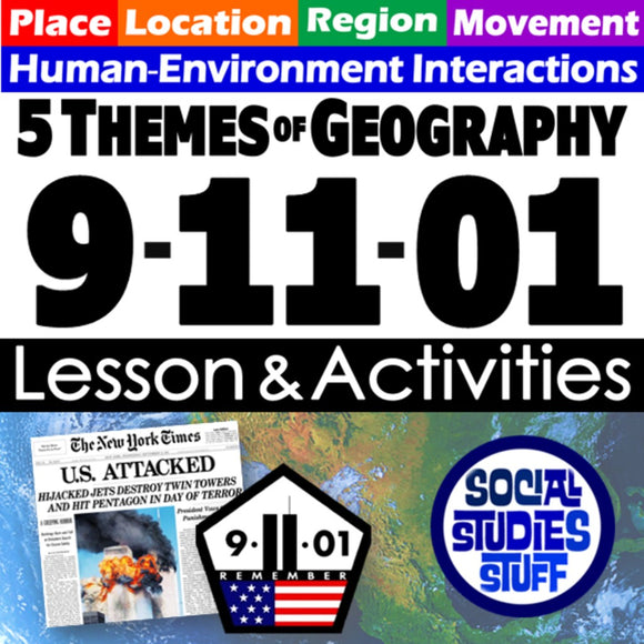 Promotional graphic for '5 Themes of Geography 9-11-01' lesson and activities with related images and text.
