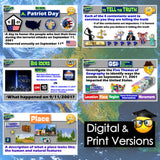 Educational materials on a digital platform with various topics including Patriot Day and 9/11.