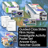 Educational materials including slides, fill-in notes, and activities on a world map background.