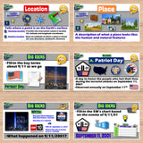 Educational posters on a wooden surface with various topics and images.