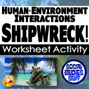 Title card for 'Human-Environment Interactions Shipwreck!' worksheet activity with an anchor and palm tree image.