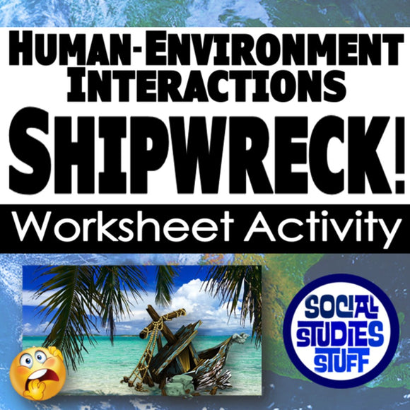 Title card for 'Human-Environment Interactions Shipwreck!' worksheet activity with an anchor and palm tree image.