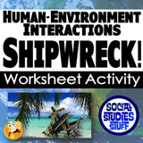 Title card for 'Human-Environment Interactions Shipwreck!' worksheet activity with an anchor and palm tree image.