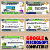 Educational game screen with multiple challenges on a wooden background, featuring Google and Microsoft compatibility text.