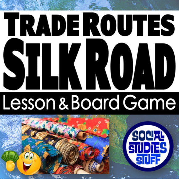 Advertisement for a 'Trade Routes Silk Road' lesson and board game with colorful fabrics and a smiling emoji.