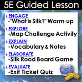 5E Guided Lesson structure for a Silk Road lesson with text and a silk container on a blue background.