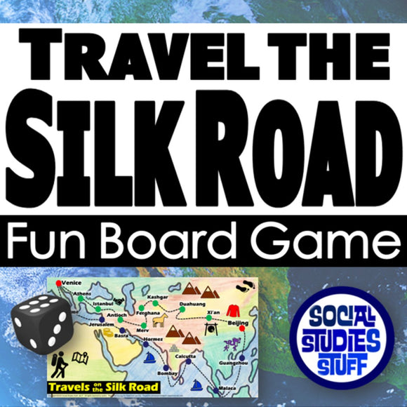 Board game packaging for 'Travel the Silk Road' with a map and dice illustration.